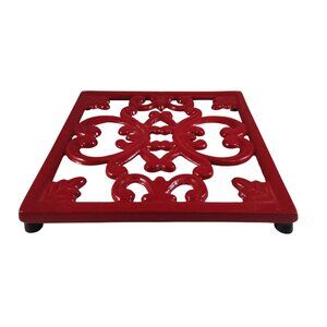 Vintage Red Enamel Cast Iron Trivet With Rubber Feet & Hanging Ring